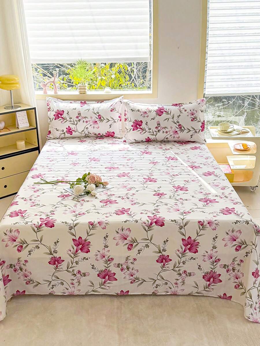 3pcs Set Active Dyeing Bedsheet & Pillow Covers, High Grammage Aloe Vera Cotton Material Soft Skin-Friendly Bedding Set (Pillow Insert Not Included) - Hundreds Of Flowers Bloom - View 1
