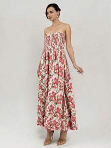 Vestido tubo con estampado floral - Rojo - Ver 3