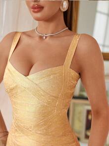 Gold Metallic Foil Sexy Backless Bandage Midi Bodycon Dress For Party, Wedding Guest Cocktail Dress