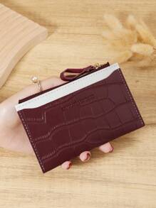 勃艮第包 Charry Red 包 酒红色包，时尚酒红色皮革女士短钱包，鳄鱼纹和石头纹理，双色简约设计，浮雕触感，多个卡槽，拉链零钱袋