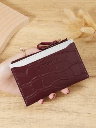 勃艮第包 Charry Red 包 酒红色包，时尚酒红色皮革女士短钱包，鳄鱼纹和石头纹理，双色简约设计，浮雕触感，多个卡槽，拉链零钱袋