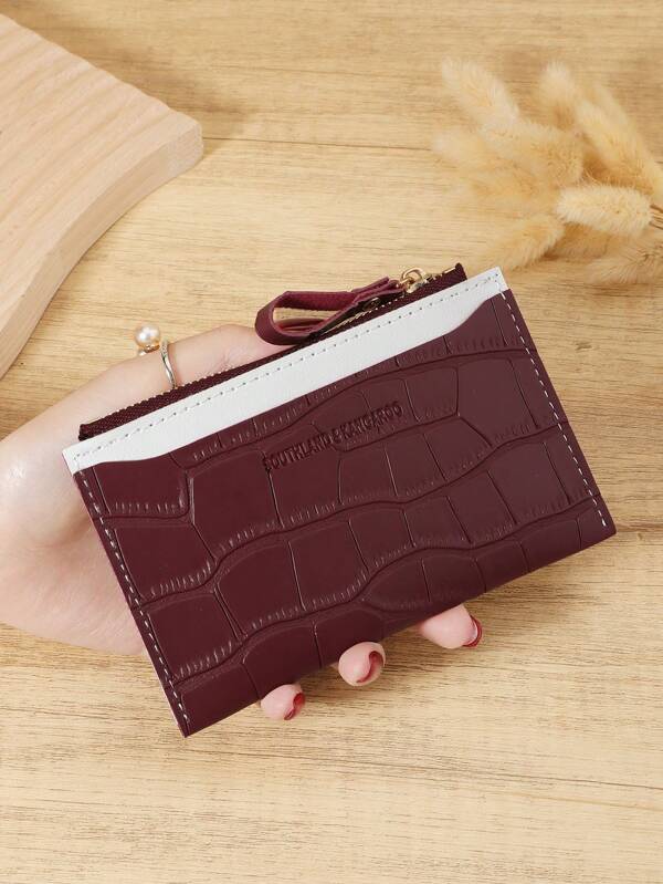 勃艮第包 Charry Red 包 酒红色包，时尚酒红色皮革女士短钱包，鳄鱼纹和石头纹理，双色简约设计，浮雕触感，多个卡槽，拉链零钱袋
