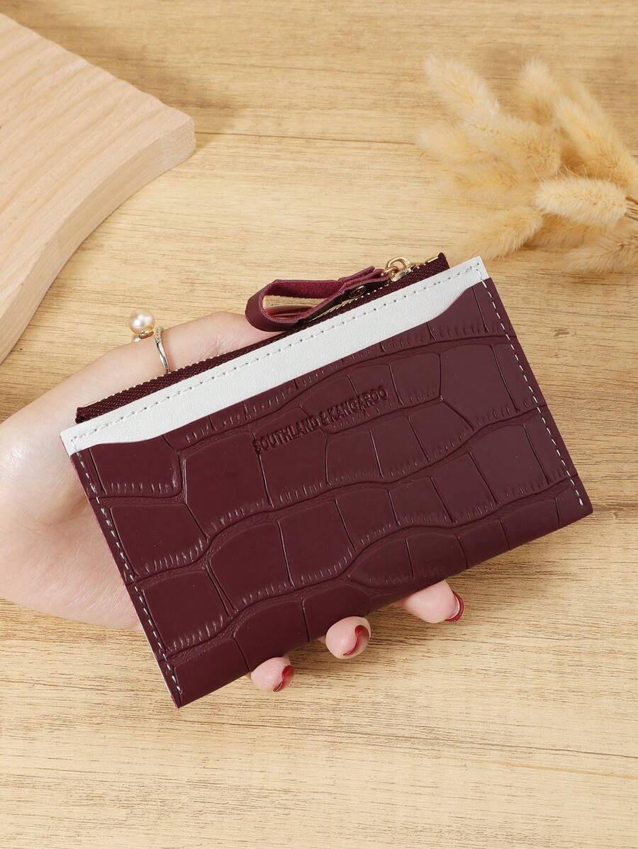 勃艮第包 Charry Red 包 酒红色包，时尚酒红色皮革女士短钱包，鳄鱼纹和石头纹理，双色简约设计，浮雕触感，多个卡槽，拉链零钱袋