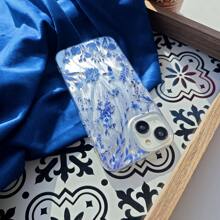 1 pièce Étui de téléphone en TPU souple à motif floral bleu vintage, design élégant de plumes dégradé, style artistique luxueux avec laser scintillant, compatible avec Apple/OPPO/VIVO/Honor/Redmi/Transsion smartphones