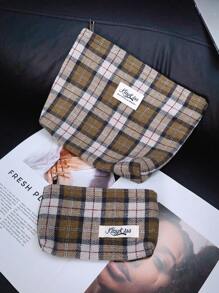 1 pieza Bolso de tela de felpa de color marrón claro con cuadros en rosa claro, bolso de maquillaje grande, con cremallera, de moda y casual, esencial para viajes y vacaciones, para toallas sanitarias, almohadillas, AirPods, auriculares con cable, AirPods, cargador, lápices labiales, cosméticos, perfumes, productos de cuidado de la piel y belleza, decoración del hogar, para mamá, mujeres, enfermeras, estudiantes, niñas escolares, llaves, regalos navideños
