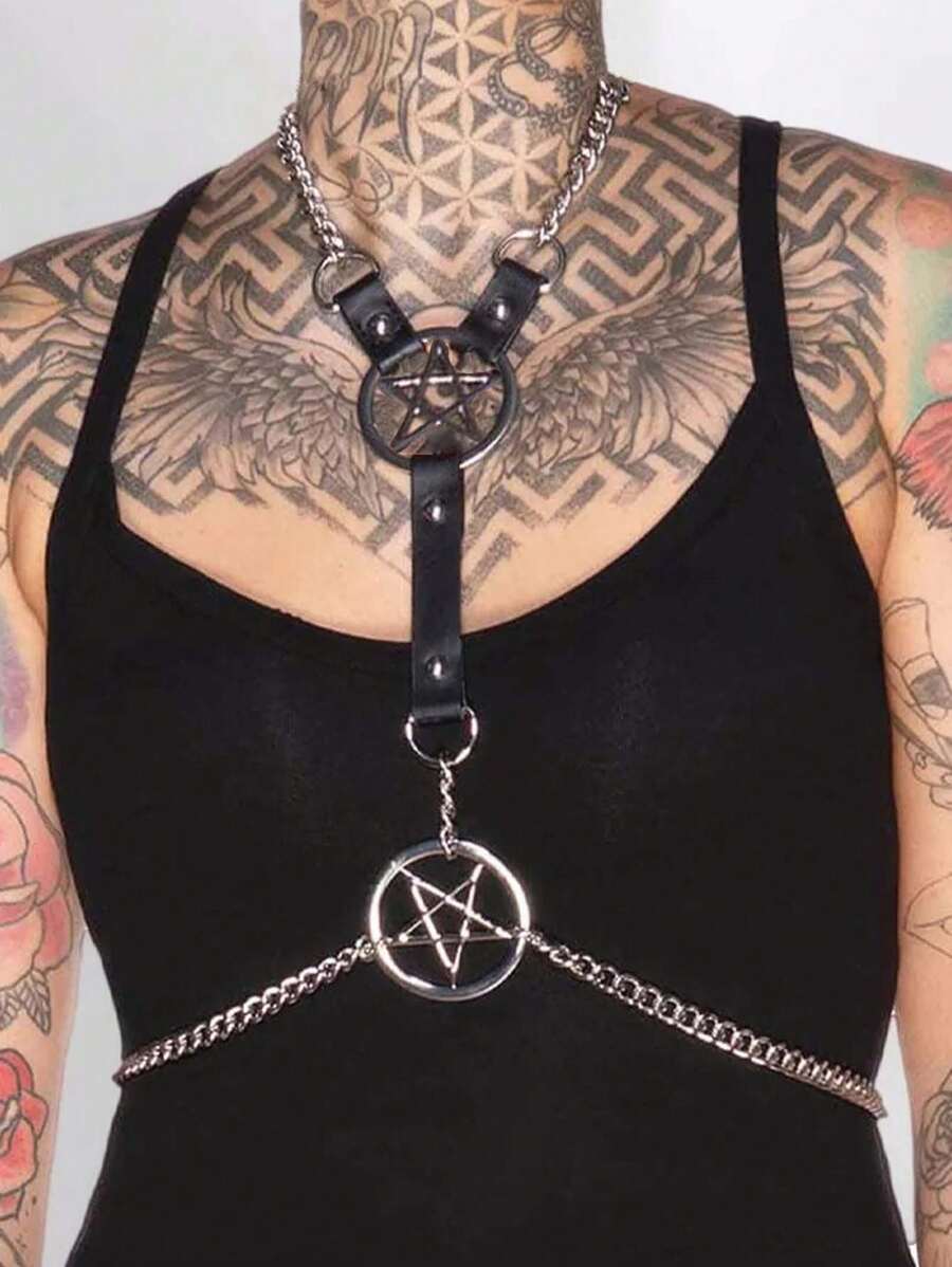 1pc Gothic Pentagram PU Leather Adjustable Punk Body Chain, Fashionable Accessory - Black - View 1
