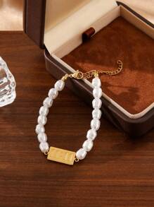 1条18K镀金不锈钢珍珠手链，时尚女式手链，适合派对、约会、办公场合佩戴 - 金黃色 - 查看 5