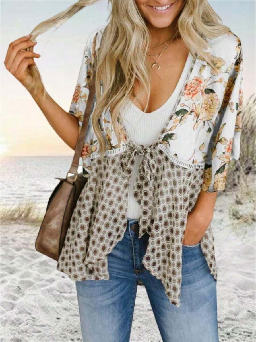 Cárdigan estilo kimono bohemio con estampado floral para mujer de PiePieBuy, manga 3/4 con volantes, ligero y holgado con lazo - Blanco - Ver 1