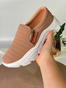 Women's Casual Slip On Sneakers With Zipper Tractor Comfortable Immediate Shipping - 乾枯玫瑰色 - 查看 4