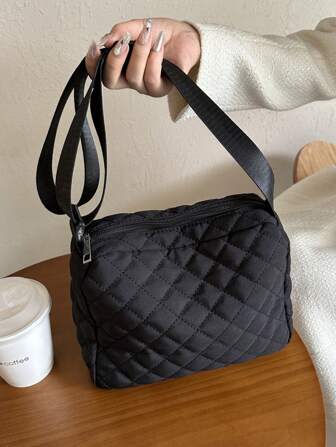 1pc Solid Color Polyester Rhombus Pattern Design Ladies Crossbody Shoulder Bag, Suitable For Work Commute, Shopping, Casual, Formal, Party, Vacation, Fashion Versatile & Spacious