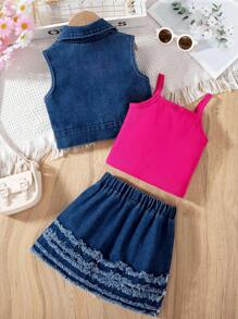 3 件套年轻女孩可爱时尚休闲水洗蓝牛仔背心 + 水洗蓝牛仔迷你裙（带磨损下摆）和粉色针织吊带上衣，复古风格和迷人的春夏装 - 玫紅色 - 查看 3