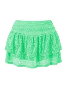 Women Tiered Ruffled Short Skirts Floral Lace Sheer Mid Rise Lined Cute Flowy Mini Skirts - Green - View 1