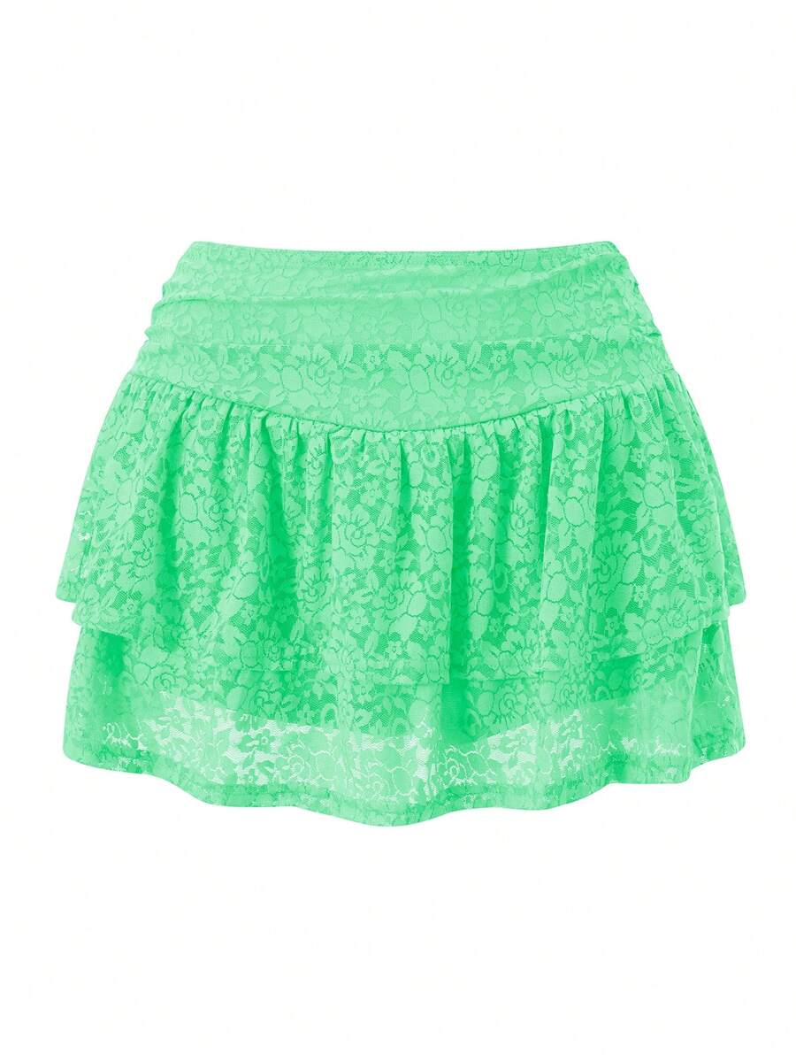 Women Tiered Ruffled Short Skirts Floral Lace Sheer Mid Rise Lined Cute Flowy Mini Skirts - Green - View 1