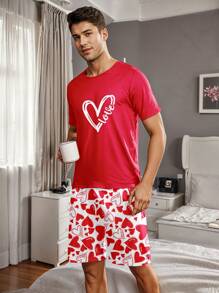 男士心形印花睡衣套装，家居睡衣 - 紅色 - 查看 5