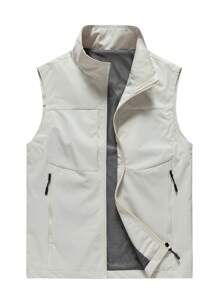 Men Outdoor Lightweight Sleeveless Vest Jacket, Spring/Summer Casual Hiking Fishing Stand Collar Utility Waistcoat - Beige - View 1