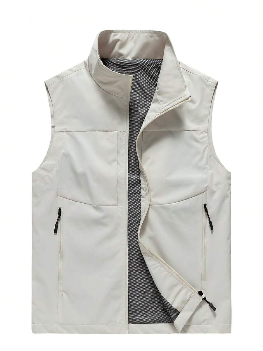 Men Outdoor Lightweight Sleeveless Vest Jacket, Spring/Summer Casual Hiking Fishing Stand Collar Utility Waistcoat - Beige - View 1