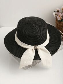 1pc Women's Wide Brim Flat Top Hat With Bowknot Decor, White Color Sun Hat Beach Hat - Hat - View 4