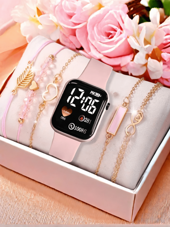 6 Pcs Cute Elegant Ladies Digital Watch Square Simple Digital Watch Best Bracelet Set Ladies Jewelry Set