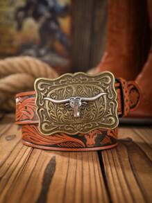 1 件男士波西米亚西部牛仔牛头扣复古深棕色 PU 皮带，适合所有季节