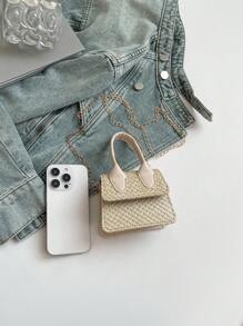 1pc 新款时尚简约手提包甜美可爱迷你休闲手提包女小众个性小包纹理斜挎小方包斜挎小格纹编织格子斜挎包精致高档纹理千金感单手拎单肩包女 - 編織手提包 - 查看 8