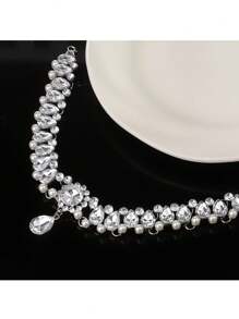 1PC New Fashionable Coarse Crystal Necklace, Wedding Banquet Rhinestone Flower Necklace, Silver Gemstone Teardrop Necklace, Women's Sparkling Jewelry, Bride's Diamond Studded Teardrop Necklace - Silver - View 4