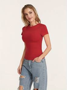 Women's Summer Casual Tops Short Sleeve Crewneck Solid Color Slim Fit Baby T-Shirt - 紅色 - 查看 4