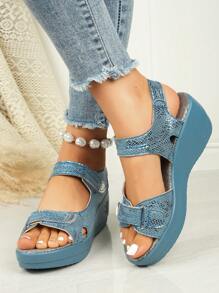 2025 New Summer Casual Platform Sandals, Metal Buckle Decor, Faux Linen Rope, Lightweight, Open Toe Elastic Strap Sandals - Blue - View 4