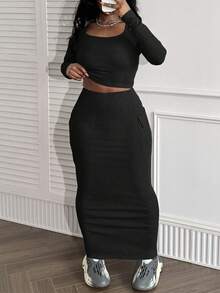 LovelyWholesale Bộ váy dài bó sát cổ vuông đơn giản giản dị dành cho nữ và túi bên hông mùa xuân hè - màu đen - Xem 3