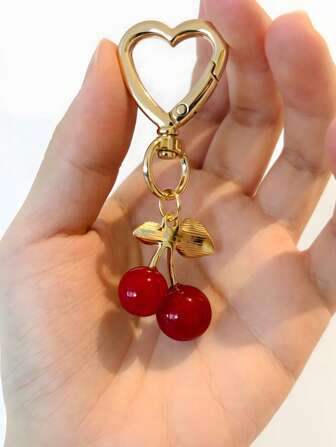 1pc Fashion High Quality Cute Cherry Key Charm - Adorable Cherry Bag Charm - Cherry Key Chain With Heart Clip Fashion Backpack Pendant Decoration Car Accessories School Goth Y2k