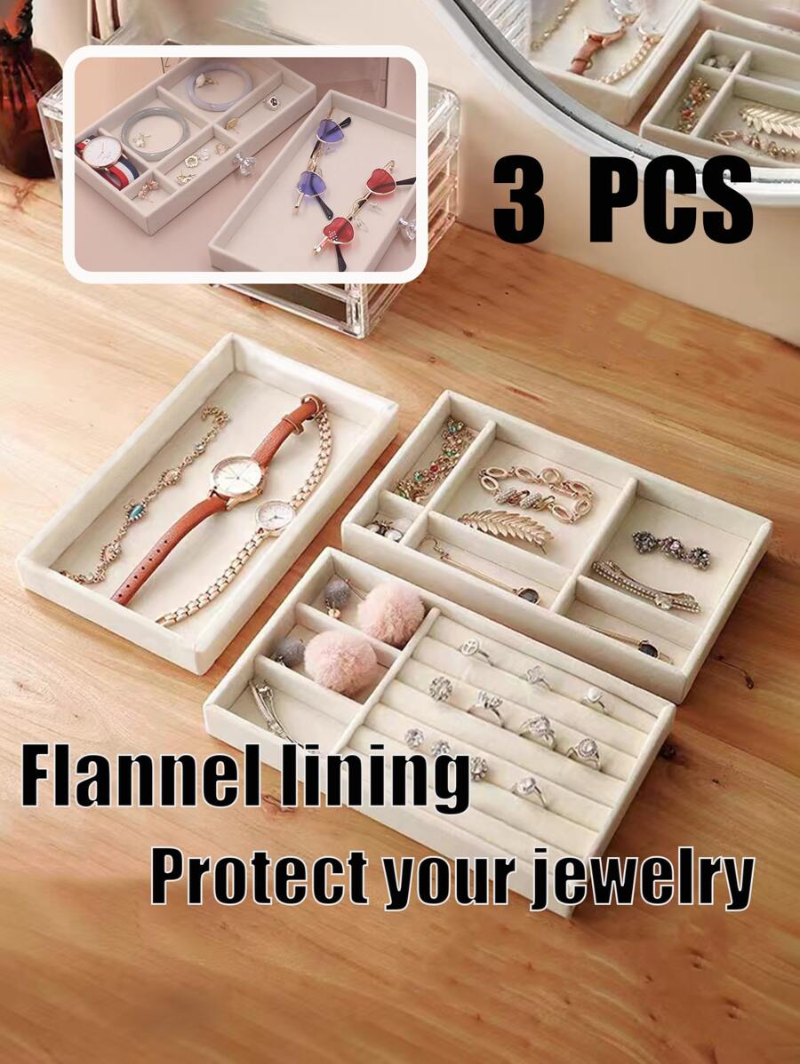 Set de 3 bandejas organizadoras de joyería de terciopelo, soporte de exhibición multifuncional para aretes, anillos, relojes, collares, pulseras, maquillaje, llaves, broches, almacenamiento de oficina, excelente regalo para el Día de la Madre, Día de San Valentín