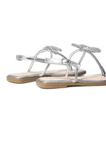 Sandalias planas con tiras para mujer, con punta abierta, lazo, nudo de diamantes de imitación, tiras finas, informales, transpirables, con hebilla ajustable, para verano - Plateado - Ver 10