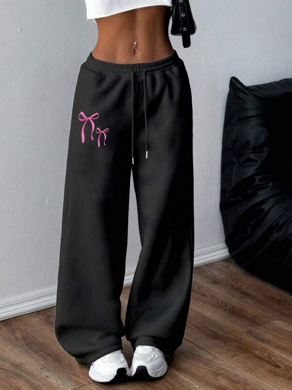 Women's Bow Print Sweatpants, Simple, Youthful, Campus, Fashionable, Casual, Commute, Sports, Fitness, Outdoor