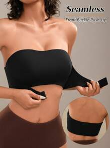 2pcs/Set Front Closure Solid Color Strapless Padded Comfortable Bra Wireless Black+PINK For Women - Multicolor - View 4