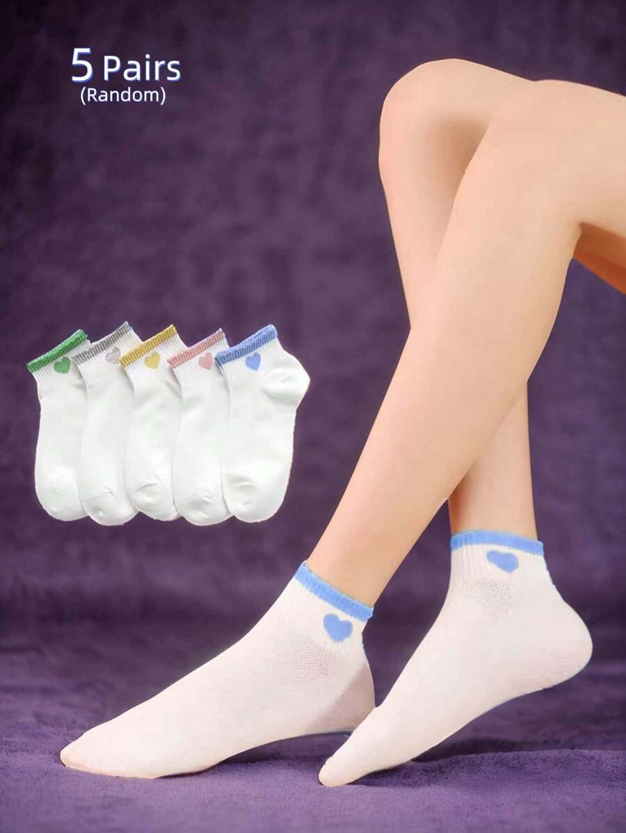 1/3/5 Pairs Of Multi-Color Heart-Shaped Pattern Socks For Spring, Autumn And Summer. Sweet And Cute. Soft, Comfortable And Breathable. Suitable For Home Travel. - Multicolor - View 1