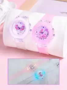 1 conjunto (2 peças) Relógio de Pulso de Quartzo com Duplo Fuso Horário e Luz LED com Padrão de Unicórnio Borboleta Animal Cartoon, Relógio de Pulso para Meninas