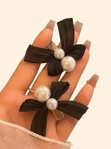 2pcs/Set Chiffon Pearl Side Bangs Cute Sweet BB Hair Clips For Girls - Black - View 4