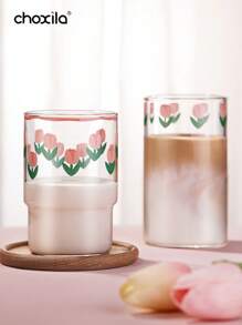 1 pieza Vaso de vidrio con estampado de flores tulipanes de colores, taza de agua, leche o café resistente a altas temperaturas - vaso de tulipán - Ver 6