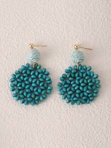 1 Pair Handmade Colorful Wooden Bead Woven Hoop Earrings With Turquoise Beads, Exotic Style, Suitable For Vacation, Party And Gift, Due To Lighting And Angle, There May Be Slight Color Difference Between Actual Product And Image - Turquoise - View 6