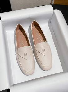 Mengshangli Women's Flat Square Toe Slip-On Loafers Versatile Small Leather Fairy Shoes - Beige - View 2