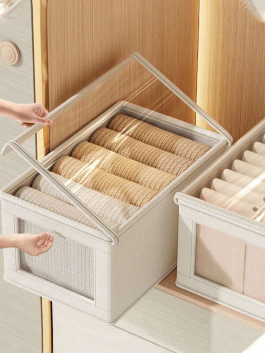 1pc Oxford Cloth Transparent Window Lidded Clothes Storage Box, Fabric Organizer Box, Large Size For Home, Balcony - Multicolor - View 1