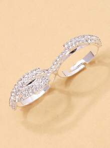 STONEFANS 1pc Silver Luxury Double Finger Ring, Fashionable Unique High-End Fully Rhinestone Decorated Finger Ring Jewelry For Women