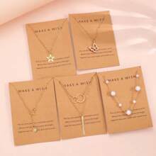 6pcs Minimalist Heart & Moon Pearl Pendant Necklace Set For Women, Great For Holiday, Party, Date, Daily Wear, Gift-Giving (Random Greeting Card Included) - Yellow Gold - View 8