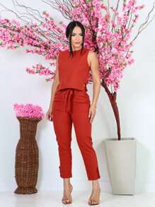 Women's Formal Set Cropped Trousers With Tie - 紅色 - 查看 4