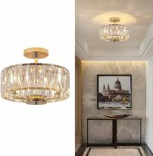 Gold Crystal Semi Flush Mount Chandeliers, 12.5" K9 Chandeliers 3-Light Ceiling Metal Pendant Fixture G9 Base For Living Room Bedroom Kitchen Island Hallway Dining & Brass Finish,K9 Crystal Gold Chandelier Ceiling Lighting ,Lamp Living Room Bedroom Simplicity Modern Crystal Ceiling Chandelier,Ceiling Light Chandeliers Round Shape Ceiling Lights Chrome Finish Ceiling Gold/French Gold/Argent ﻿ - Vàng Pháp - Xem 2