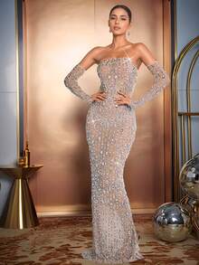 Vestidos de graduación con cristales de diamantes, sin tirantes, de tul transparente, vestidos de dos piezas elegantes para bodas, fiestas de cumpleaños