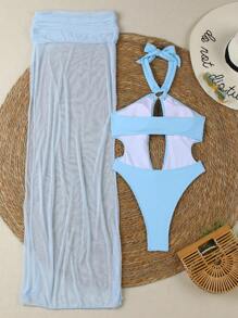 Conjunto de traje de baño de una sola pieza con escote calado de unicolor, estilo sexy europeo y americano para mujeres