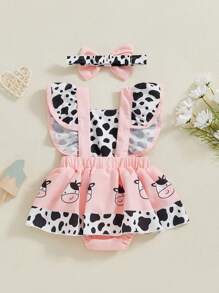 Monos de verano para niñas con estampado de abeja, mariquita, vaca y elefante, con dobladillo y mangas abullonadas y diadema - Rosa - Ver 2