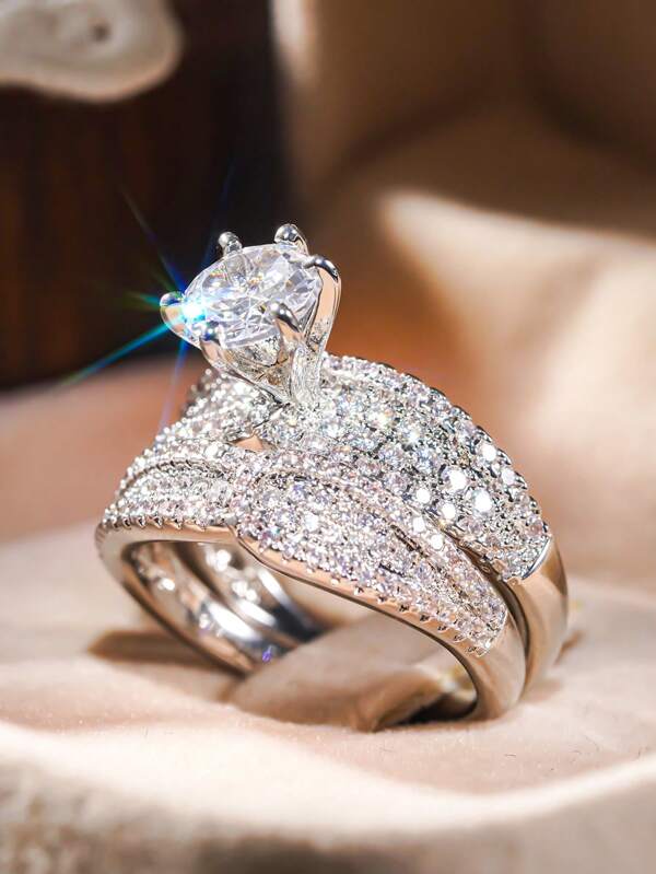 2 Pcs/Set Luxury Cubic Zirconia Ring For Women For Wedding Engagement Anniversary Party Jewelry Valentine's Day Gift,Mom,Mother,Mother's Day,Gift