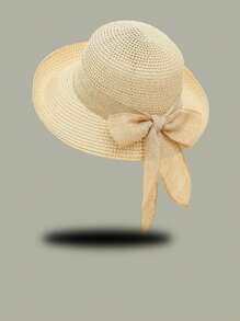 1pc Women Ribbon Solid Color Straw Hat, Fashion Elegant Sunscreen Beach Hat With Linen Bowknot, Suitable For Summer Outings, Beach, Vacation, And Casual Wear