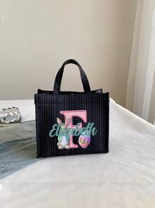 Customized Name Easter Picture Splicing Striped Handbag Large Capacity Canvas Bag Female Work Bag Student Backpack Elegant And Fresh Vertical Pattern Tote Bag Office Worker Commuter Large Capacity Handbag Bento Bag Small Square Bag Korean Edition Fashion Simple Handbag Handbag Shoulder Bag Art Bag Data Bag Leisure Bag New Large Capacity Bento Bag Vertical Stripe